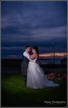 Banff-Springs-Hotel-Aberdeen-Wedding-Photographers-01 Aberdeen Wedding photographers at Banff Springs Hotel, Banff, Scotland. A wedding photograph of the bride and groom at sunset outside the hotel.
