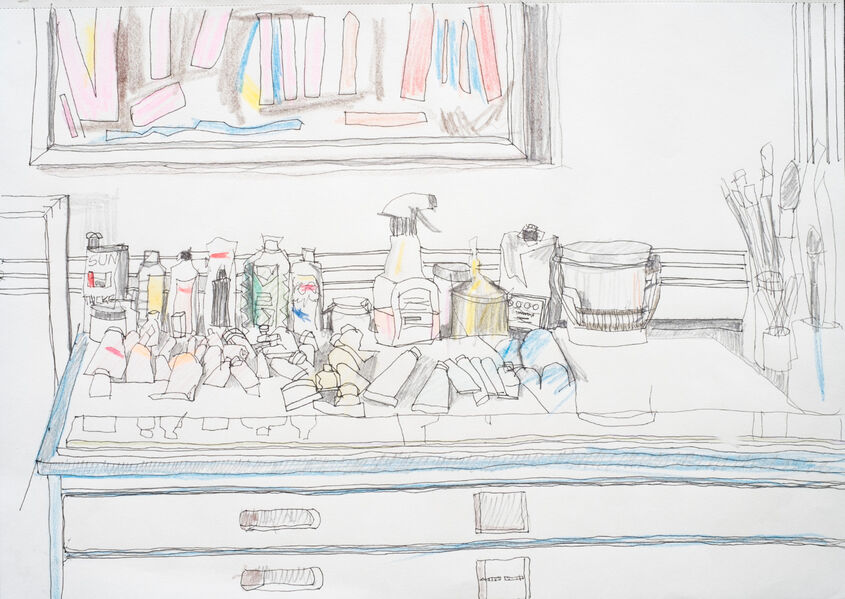 The painting table. Pen pencil and coloured pencil.