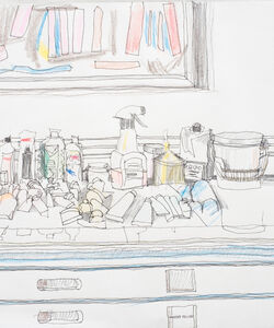 The painting table. Pen pencil and coloured pencil.