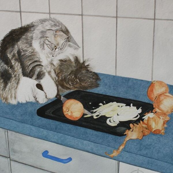 Cat chopping onions