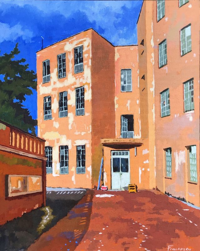 Waiting for school to open. Acrylic on canvas, 16x20"