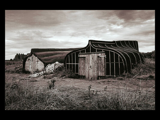 Holy Island Boat Sheds - 3rd Print 3 Mono