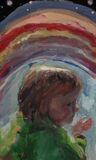 Little Gene listens to music of the cosmos - enamel on aluminium 2021 aprox 19cm x 26cm