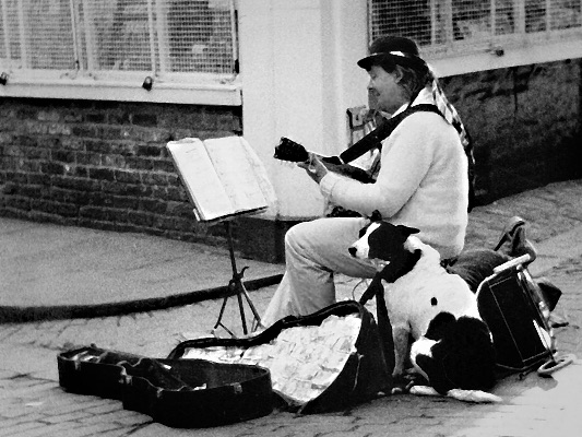 Busker and his dog, York, UK