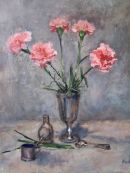 Carnations and mustard pot