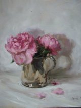 Pink peonies in silver tankard