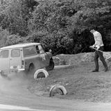 HILL CLIMB - Fintray 04 June, 1967, Malcolm Murray (Minivan) Rounding the Hairpin as Marshal Irv. Crighton get on his broomstick....
