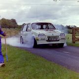 HILL CLIMB - Fintray 24 June, 1990, Doug Dawson (Metro) warms up the tyres just before the Start, with Scrutineer Willie Greig looking on