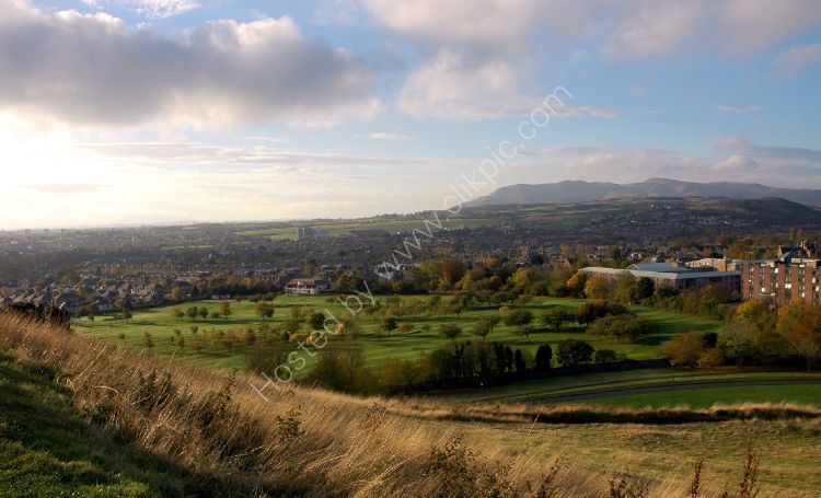 SCOTLAND - Prestonfield Golf Course from Arthur's Seat, Edinburgh with the Pentland Hills in the distance