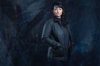 2019 Backcloth for a press release. Copyright, itv Press Office. Moira Dingle (Natalie J. Robb), Emmerdale, itv.