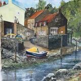 ‘Staithes Beck’ from plein air watercolour reworked with acrylic. Look for the dog going for a walk and the sleeping cat...