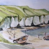Cobles on beach North Landing Flamborough Watercolour