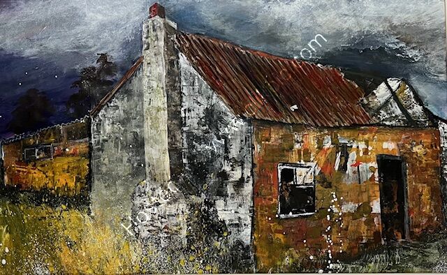 'Dilapidated Barn' mixed media/collage A1 Size framed in oak