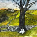 Lambs at foot of tree, Spring Nidderdale Acrylic