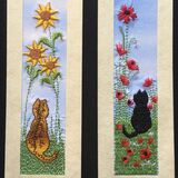 Tabby cat with sunflowers and Black cat with poppies Size 7" x 2"