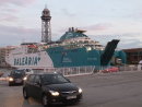 Ferry Balearia offloading vehicles at sunset