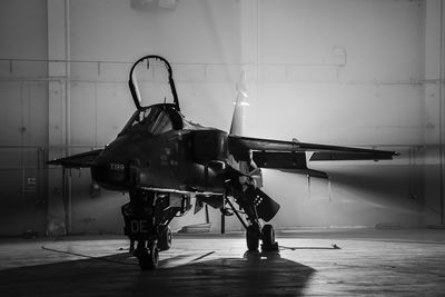 Jaguar in the hangar. Black and white SEPECAT Jaguar