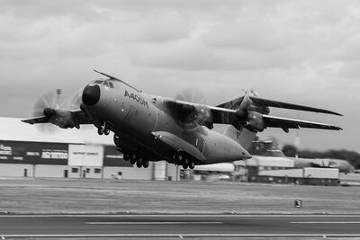 An RAF A400 Atlas lifts from Fairford. An RAF A400 takes off from Fairford.