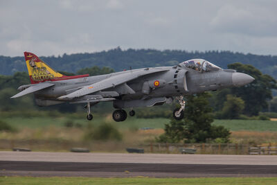 A Spanish Harrier with distinctive tail art touches down at Yeovilton. Spanish Navy Harrier about to touch down.