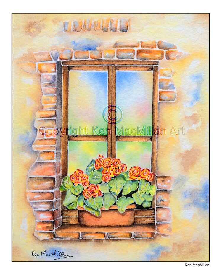 Painting of flowers on a rustic window ledge.