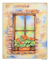 Flowers on rustic window ledge. Painting of flowers on a rustic window ledge.