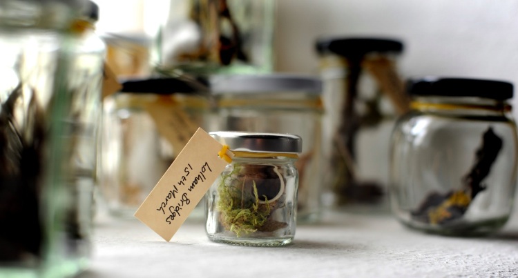 Found in the Fields 1 (detail), Kathryn Parsons, found materials & 42 jam jars