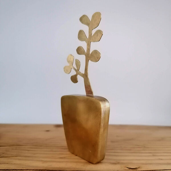 Kerry Day - Brass Money Tree Sculpture standing next to a cactus in a yellow brown ceramic plant pot