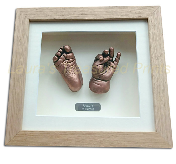 Copper 3D hand & foot casts in solid oak frame