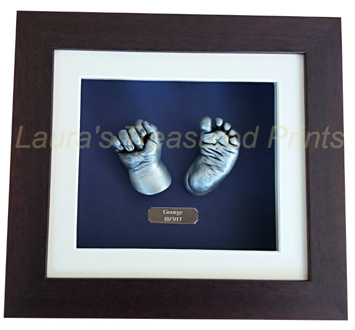 3D hand & foot baby casts in a mahogany frame