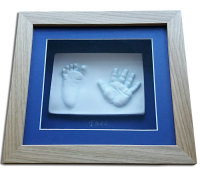 2D child's handprint & footprint plaque with blue mount and oak frame
