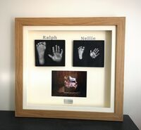 Framed, sibling 2D casts with their photo