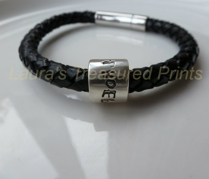 Sterling silver print barrel bead on bracelet