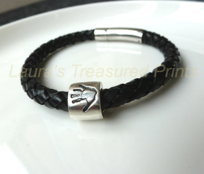 Leather Bracelet with Silver handprint bead