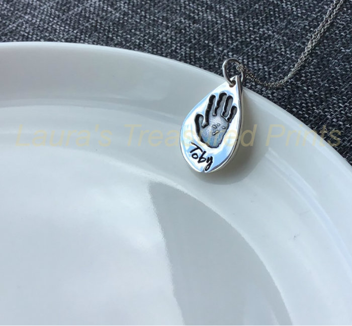 Foundry cast teardrop hand-print pendant