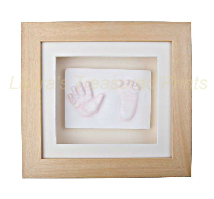 2D child's handprint & footprint plaque, in oak frame