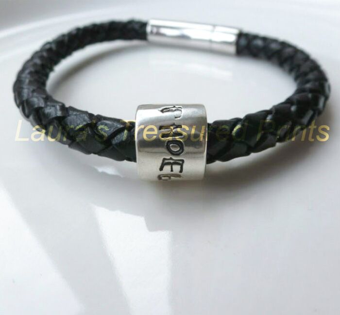 Sterling silver print barrel bead on bracelet