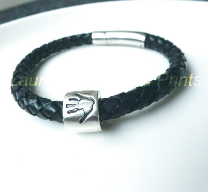 Leather Bracelet with Silver handprint bead