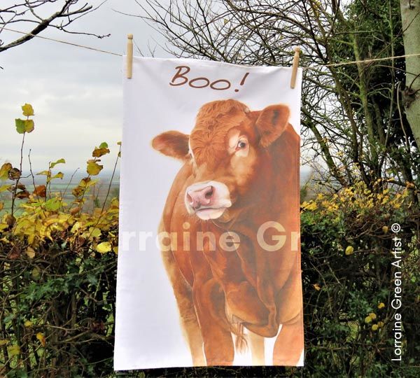Boo! A cotton tea towel featuring 'Hector' the Limousin bull image.