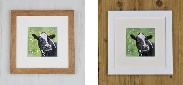 Cow Parsley Cow (I) is available in either an Oak Frame or a White Frame