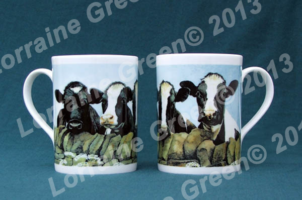 Bone china mug with 4 nosey Friesian Cows for decoration