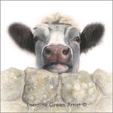 LG25 'You Again!' Greetings card showing a cow looking over a wall