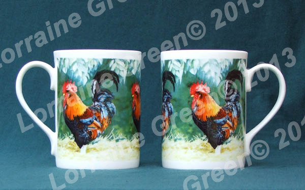Bone china mug decorated with a colourful, proud cockerel.