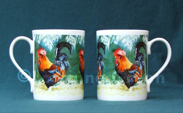 Bone china mug decorated with a colourful, proud cockerel.