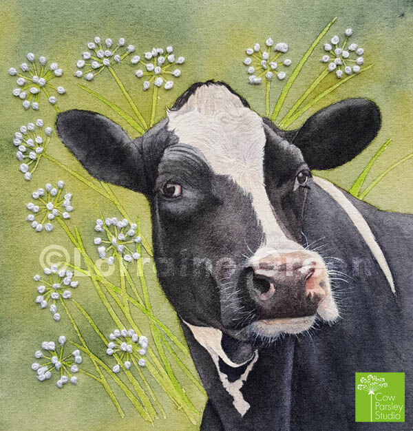 Small Framed Watercolour of a Cow with embellishment