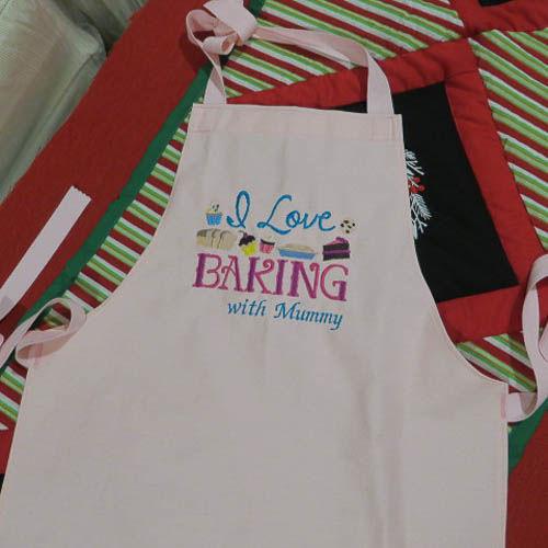 Handmade Embroidered Child Apron in Pink, Baking with Mummy