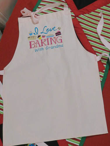 Handmade Child Apron in Pink, Embroidered, Baking with Grandma