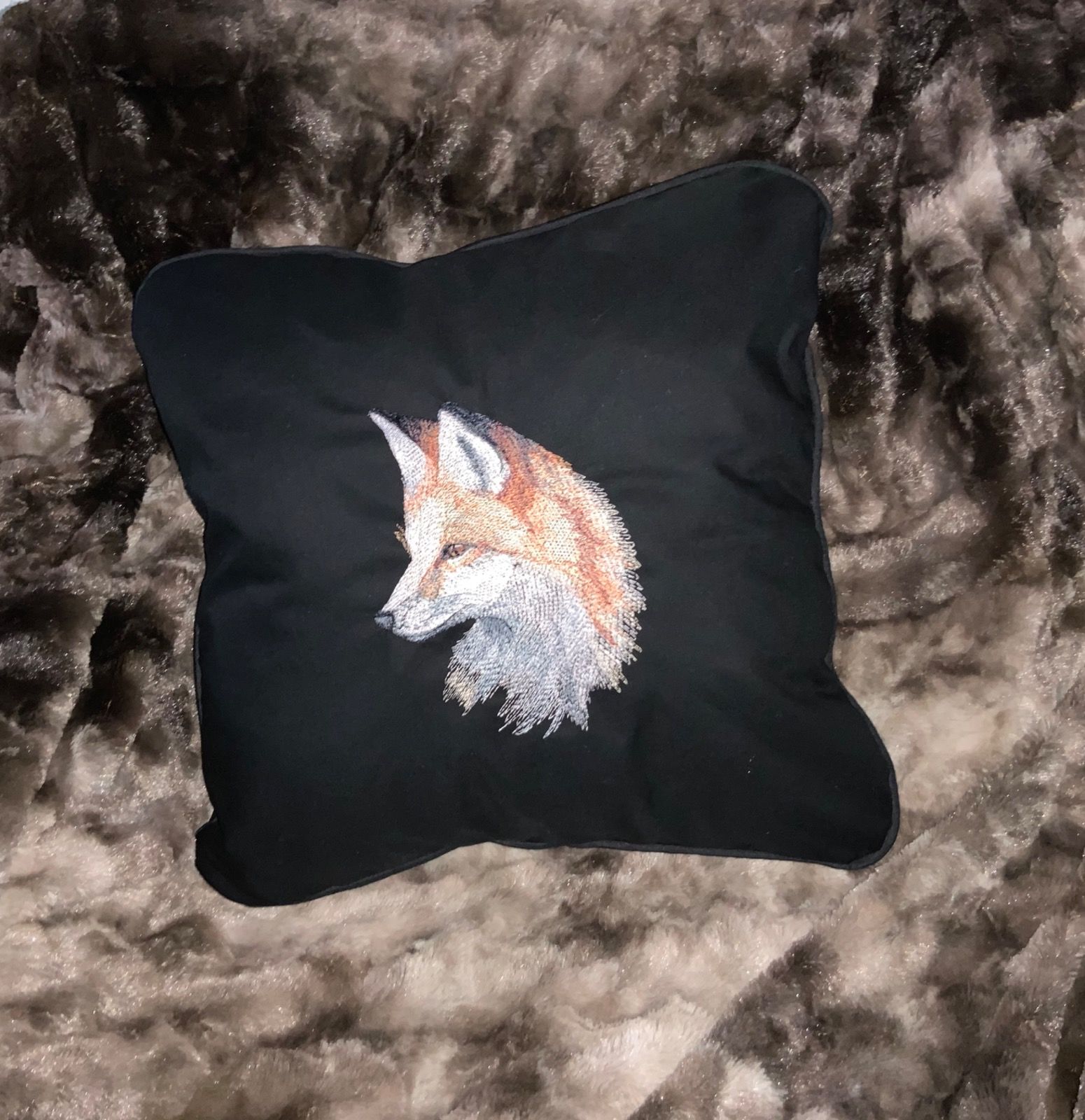 Embroidered Fox on Handmade Black Cushion with Piped Edges
