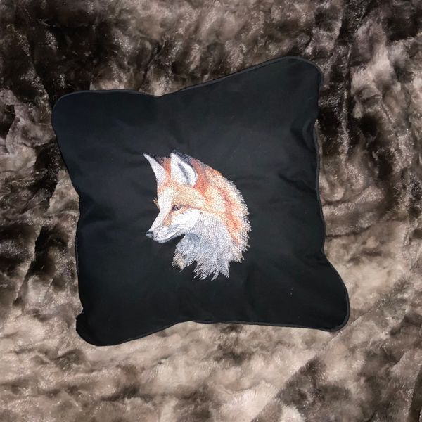 Embroidered Fox on Handmade Black Cushion with Piped Edges