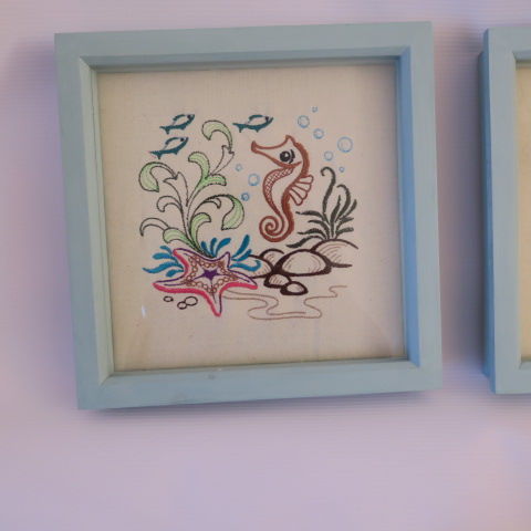 Embroidered Sea Horse scene in Duck Egg Blue Frame