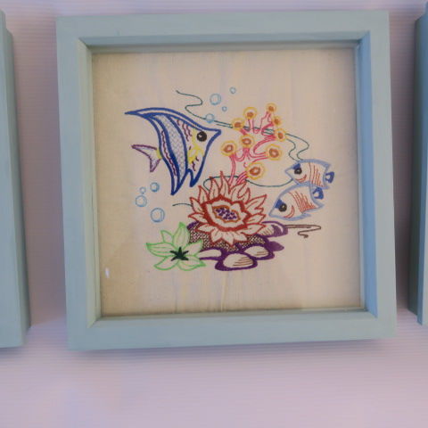 Embroidered Under the Sea Fish in Duck Egg Blue Frame
